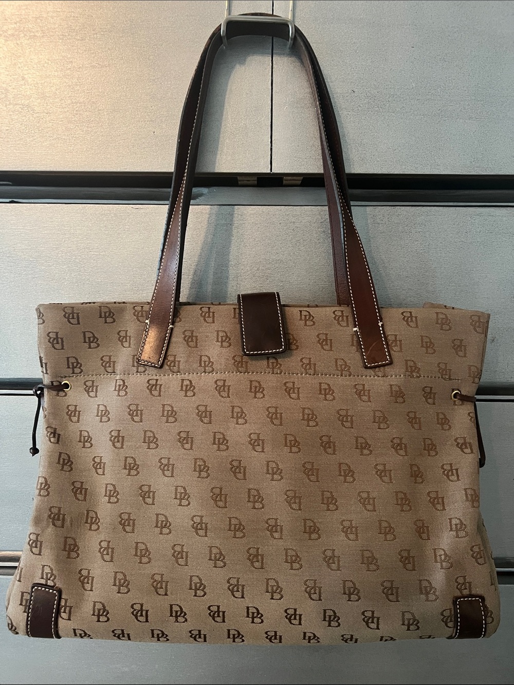 Dooney & Bourke Beige Monogram Tote with Brown Leather Trim